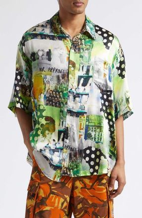 Martine Rose Patchwork Print Boxy Silk Button-Up Shirt in Green Wigz at Nordstrom, Size X-Large
