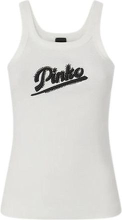 Pinko Canotta con ricamo e strass - Dames - Tops zonder mouwen - Wit - XS - Katoen - Tops