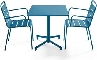Oviala Mesa de jard&iacute;n de metal de 70 cm y 2 sillas en azul pac&iacute;fico