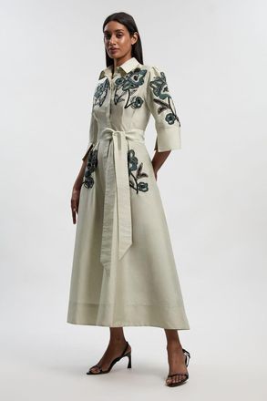 Karen Millen Womens Embellished Taffeta Woven Shirt Dress - Green - Size 8 UK