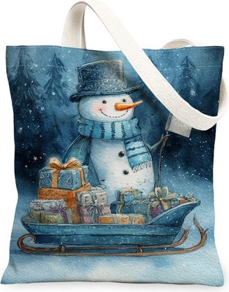 Generic Winter Snow Man Canvas Tote Bags, Holiday Pattern Reusable Grocery Bags, Vintage Lightweight Washable Shoulder Strap Canvas 13x15 Inch