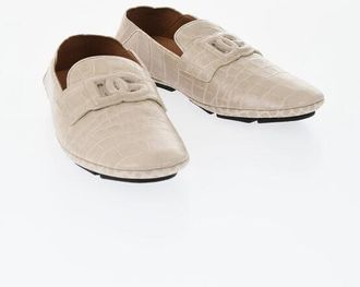 Dolce & Gabbana Leather Embossed Crocodile-Effect Loafers With Front Monogra size 40,5