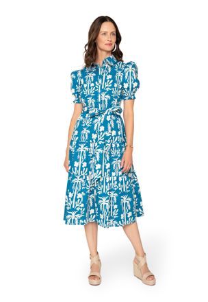 Leota Octavia Puff Sleeve Shirt Dress Palm Fields Mykonos Blue