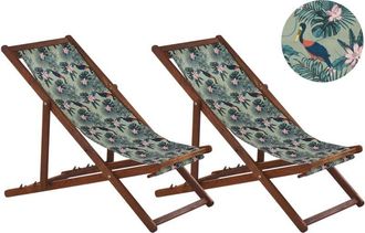 Beliani Set of 2 Folding Deck Chairs ANZIO with Replacement Fabrics Animal Motif Acacia Wood Dark Brown