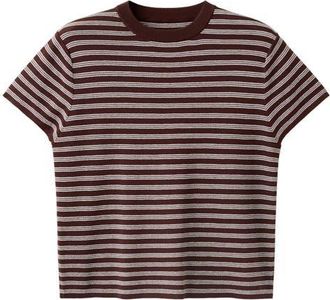 Mango Striped Ribbed Short Sleeve Sweater in Chocolate at Nordstrom, Size Medium