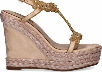 Ex&eacute; Womens Rhinestone T-Strap Espadrille Wedge Sandal In Champagne