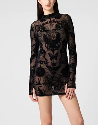 Philipp Plein Long Sleeve Mini Dress Flock Butterfly Tattoo Women in Black at Nordstrom, Size Medium