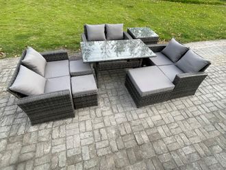 Fimous Wicker Rattan Garden Furniture Sets Outdoor Lounge Sofa Set with Oblong Dining Table Double Seat Sofa Dark Grey Mixed