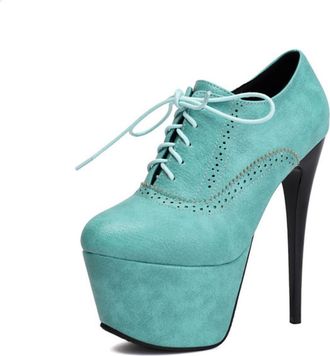 Generic Womens Lace-Up Stiletto Platform Oxfords Brogued Perforation Round Toe High Heels Classic Laces Smooth Upper Stable Durable Sole Shoes,Blue,6.5 UK