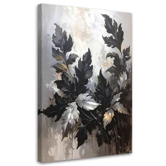 Feeby Cuadro En Lienzo Hojas Negras De Acanto Y Laurel Sobre Fondo Beige 70x100