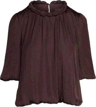 Naked Zebra Womens Round Neckline Accent Billowy Blouse In Chocolate