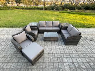 Fimous 8 Seater Rattan Wicker Garden Furniture Patio Conservatory Sofa Set with Rectangular Coffee Table 3 Seater Sofa Love Sofa Big Footstool