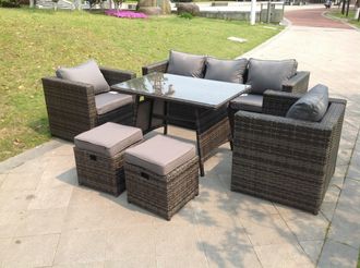 Fimous Rattan Garden Outdoor Sofa Set Chairs Rectangular Dining Table 2 Small Footstools 7 Seater in Dark Grey