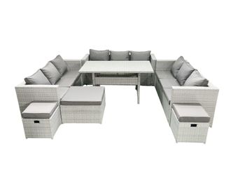 Fimous Rattan Garden Outdoor Furniture Set 12 Seater Garden Sofa Rectangulr Dining Table Set with 3 Footstools Light Grey Mixed
