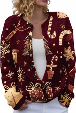 Generic Christmas Cardigan for Women Chunky Cable Knit Christmas Tree Print Sweaters Ladies Causal Long Sleeve Jumper Classic Xmas Plus Size Soft Jackets for 