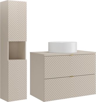 Vente-Unique Mueble de ba&ntilde;o suspendido en espiga con lavabo sobre encimera redondo y columna - Beige - 80 cm - DORIONI