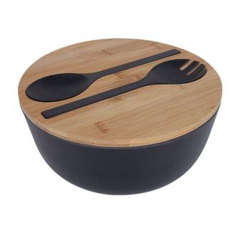OEM 1 Ensaladera + Bamb&uacute; + 25 Cm + Negro + Cubiertos Incluidos + Ecol&oacute;gico + Para Ensaladas Y Comidas Diarias