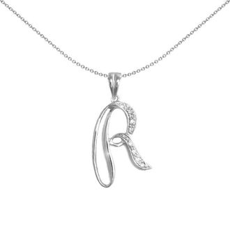 Jewelco London 9ct White Gold Diamond Script Initial ID Charm Pendant Letter R - 9P060-R