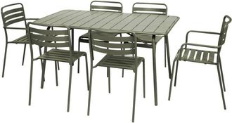 Sweeek 6-seater metal garden table set with 6 chairs, Amelia, Khaki Green, 141.2x80x72.5 cm