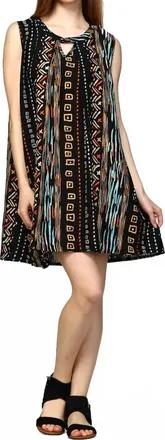 Velzera Tribal Sleeveless Keyhole Mini Dress In Black