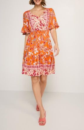 Lascana Womens Tiered Short Sleeve Dress in Orange Multi at Nordstrom, Size 10