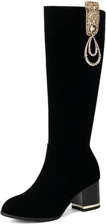 Generic Womens Faux Suede Knee High Riding Boots Comfort Round Toe Block Heel Side Zipper Casual Wedding Warm Winter Shoes (Black,7.5)
