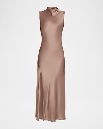 Sally Lapointe Sleeveless Draped-Neck Satin Slit Midi Dress