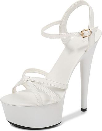 Generic White,7.5 UK,Womens Stiletto High Heel Sandals Platform Open Toe Ankle Strap Dress Shoes Bridal Party Summer Strappy 5.9inch Heels