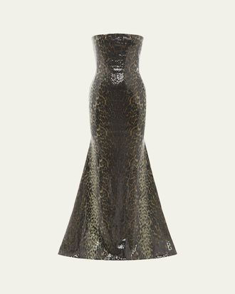 Alex Perry Strapless Leopard-Print Sequined Longline Trumpet Gown