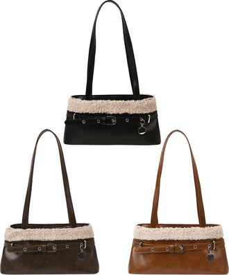 Generic Cymwer Women PU Lambswool Stitching Shoulder Bag w/Belt Buckle Handbag Daily Use(Black)