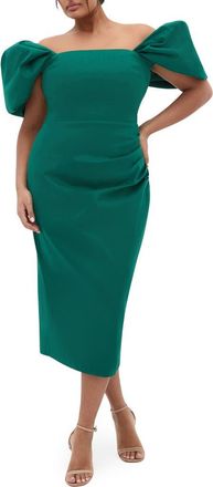 City Chic Elyse Puff Sleeve Sheath Dress in Emerald at Nordstrom, Size Xxl