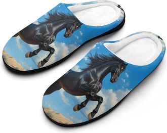 Generic Wild Black Stallion Horse Mens Slippers Comfortable And Non-slip Cotton Slipper Shoe for House