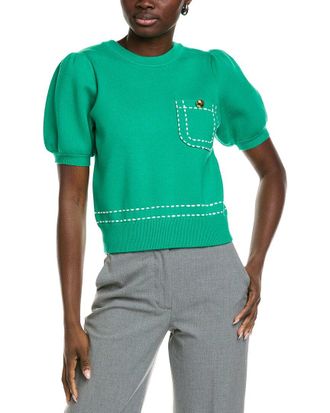 English Factory Stitch Detail Puff Sleeve Knit Top