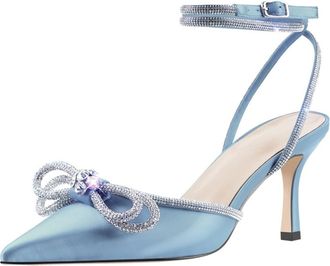 Generic Heels Ladies Pointed Toe Elegant Sandals Crystal Bow Ankle Buckle Stilettos Wedding Party Dress ShoesBlue,12