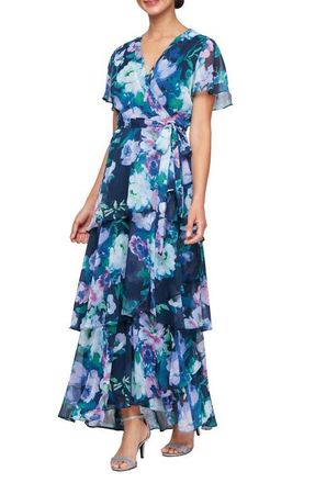 S.L. Fashions Floral Tiered Gown in Blue/Multi at Nordstrom, Size 16