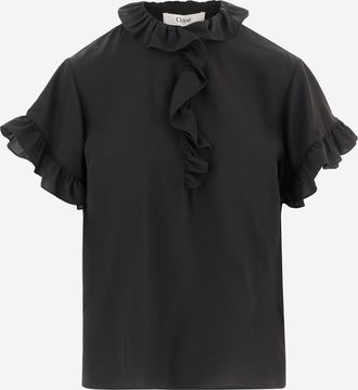 Chlo&eacute; top met ruches en korte mouwen in cr&ecirc;pe de Chine