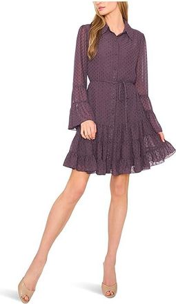 CeCe by Cynthia Steffe Tiered Ruffled Button Front Dress Womens Dress Gunmetal : LG, Polyester