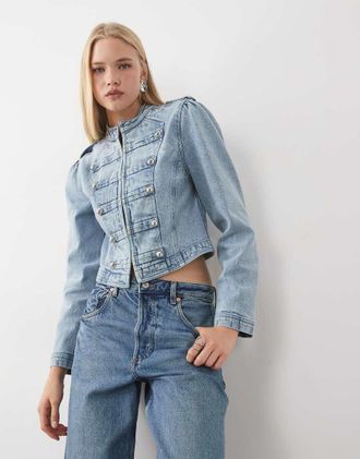 Miss Selfridge giacca in denim stile mandarino in blu slavato