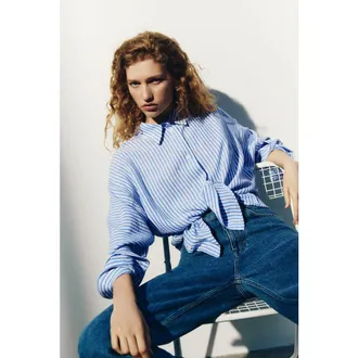 H&M Dolman-sleeved Linen-blend Shirt in Blue/striped at Nordstrom, Size X-Small