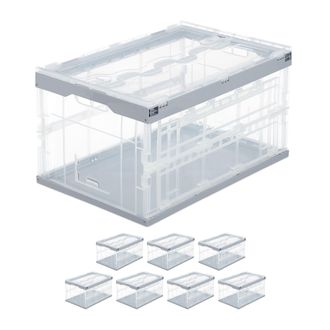 Relaxdays 8 Cajas De Almacenaje Con Tapa Plegables, Pl&aacute;stico, 31.5 X 59.5 X 39.5 Cm, Transparente Y Gris