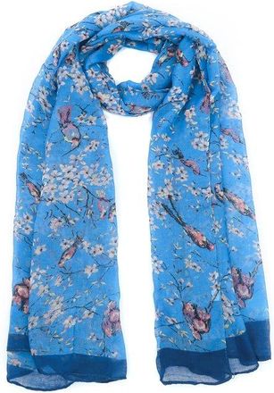 World of Shawls Ladies Womens Colorful Long Bird and Flower Print Scarf Wraps Shawl Maxi Soft Scarves (Blue With Blue Border)