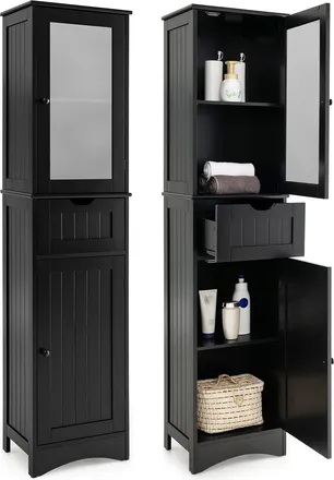 Costway Costway Armario Alto De Ba&ntilde;o Con 2 Puertas Y 1 Caj&oacute;n, Armario Independiente Con Estantes Ajustables Y Puerta De Vidrio Esmerilado, Mueble Columna De B
