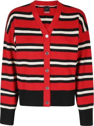 Pinko Red Black Striped V-Neck Wool-Cashmere Cardigan