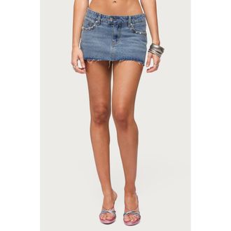 Edikted Avielle Studded Raw Hem Denim Miniskirt in Medium-Blue-Washed at Nordstrom, Size X-Large