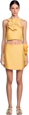 Sandro Ruffled flower detailed crop top in Straw at Nordstrom, Size X-Small