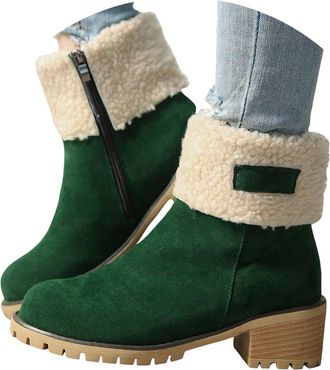 Generic 2025 Womens Winter Boots - Round Toe Snow Ankle Fur Lined Booties with Side Zipper & Chunky Heel - Comfortable Suede(Green,6.5)