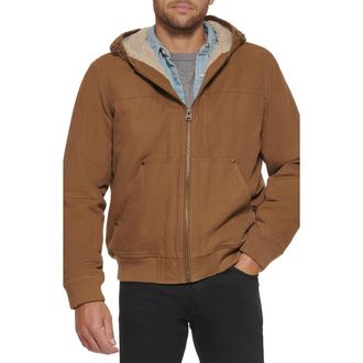 Levi's Workwear Cotton Canvas Faux Shearling Lined Hoodie Bomber Jacket in Brown at Nordstrom, Size Xx-Large