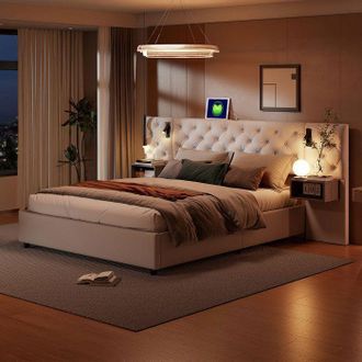 OEM Estructura De Cama Con Arc&oacute;n 140x200 Cm De Terciopelo Beige Con Almacenamiento Hidr&aacute;ulico, 2 Cajones Y Led