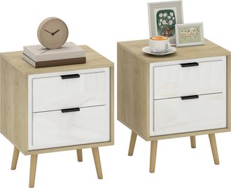 OEM Juego De 2 Mesitas De Noche Modernas Con 2 Cajones Con Deslizamiento Silencioso 40x35x50 Cm Blanco Brillo Y Roble