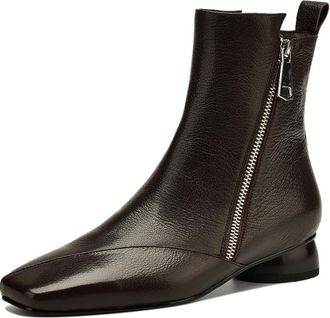 TinaCus Womens Square Toe Handmade Side Zipper Low Chunky Heels Genuine Leather Womens Ankle Boots, Brown, 6.5 US